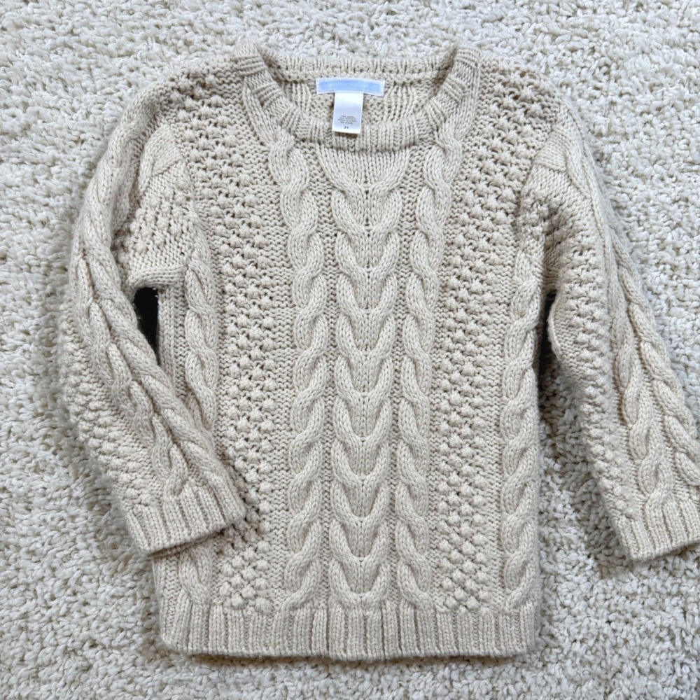 Janie and Jack Cream Wool Blend Cable Knit Sweater 2T Oatmeal Classic Fisherman